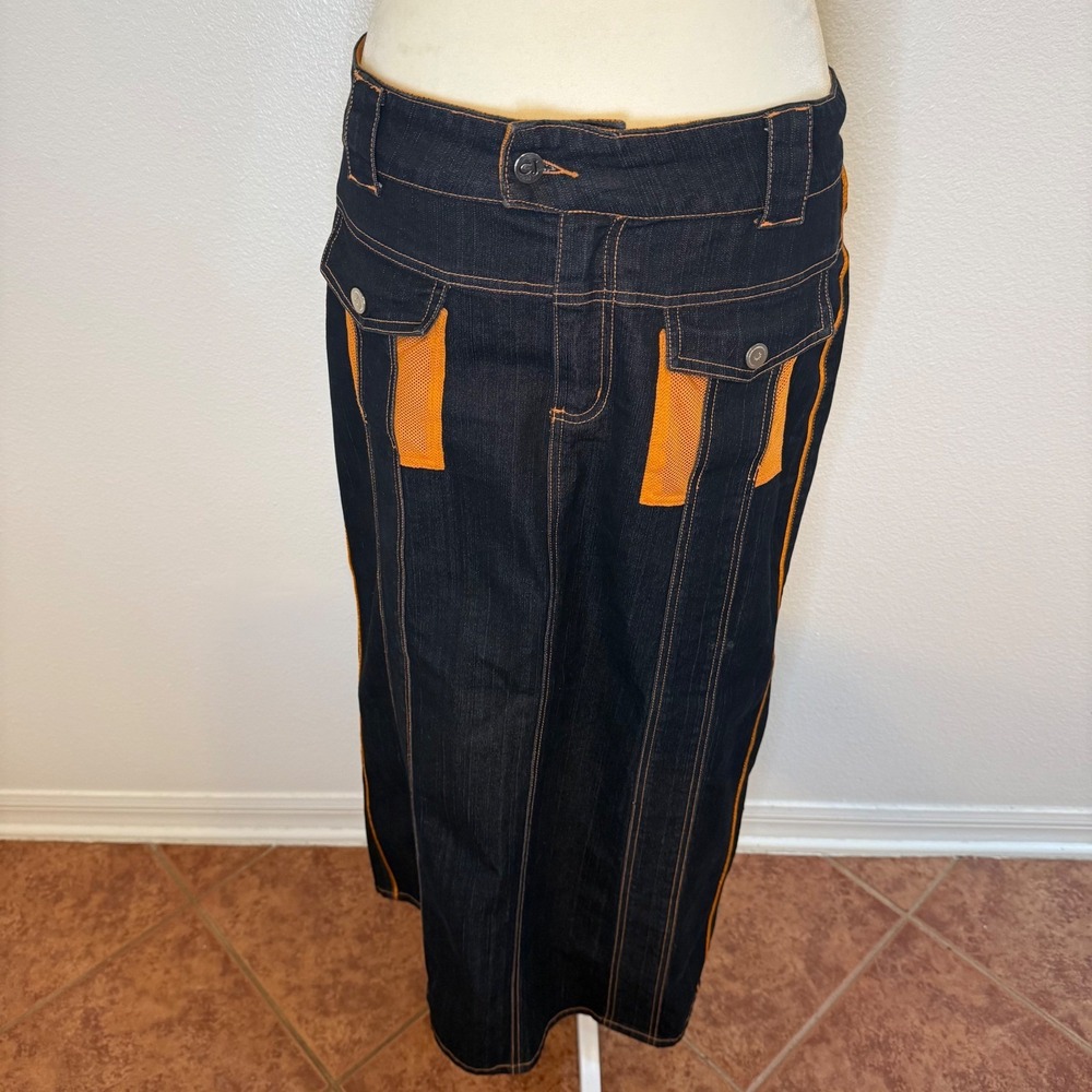 Vintage Crest Jeans Orange Contrast Mesh Cargo Denim Maxi Skirt Womens 16 Blue